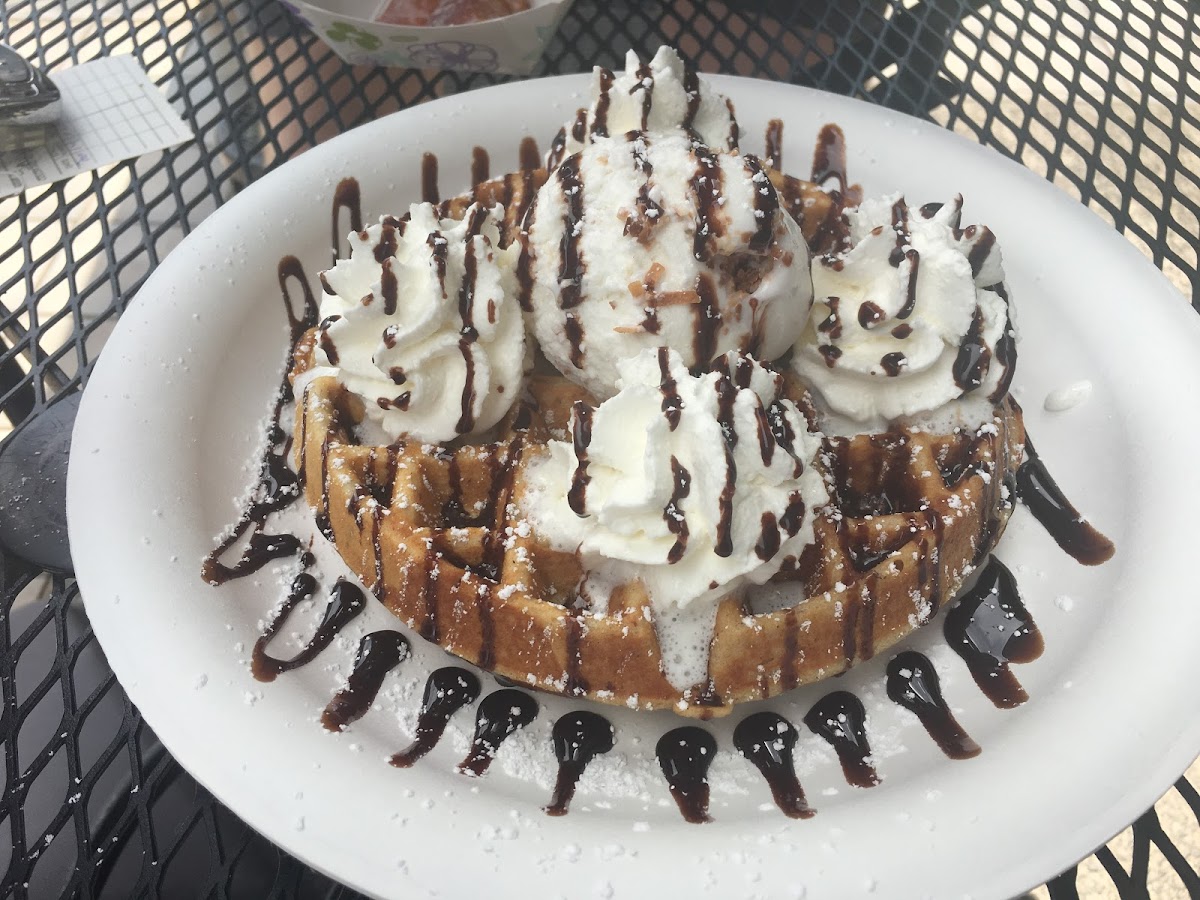 Gluten free waffle with toasted coconut gelato, yum!!