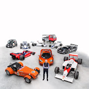 Gordon Murray poses with his creations, from the current T.43 City car to the peerless McLaren F1 (centre).
Picture: SUPPLIED                        
