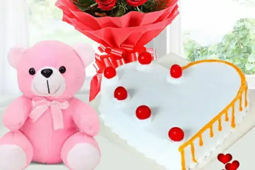 Vanilla Heart Shape Cake & 1 Teddy