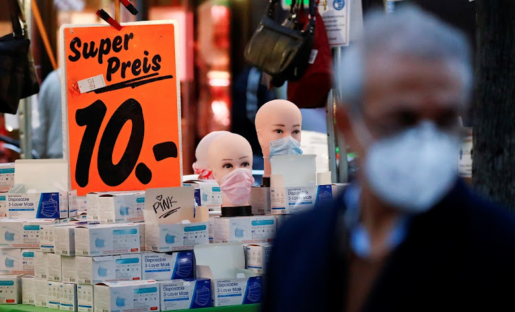 Face masks are on sale at Wilmersdorfer Strasse shopping street, as the coronavirus disease (Covid-19) outbreak continues, in Berlin, Germany.