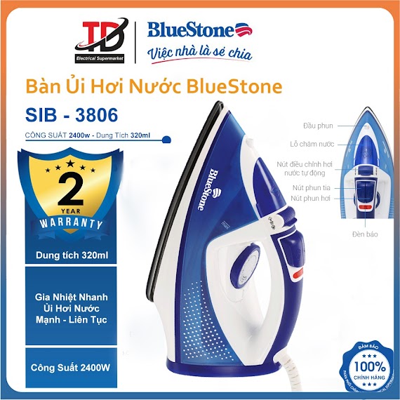 Bàn Ủi Hơi Nước Bluestone Sib - 3806, Công Suất 2400W, Bảo Hành Chính Hãng 2 Năm