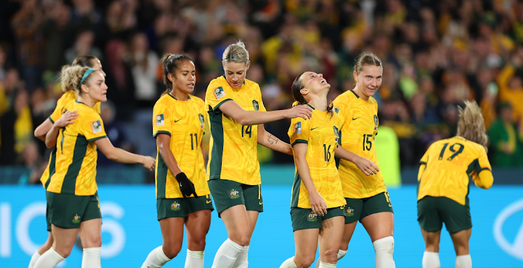 Hayley Raso (third left) of Australia celebrates with teammates after scoring her team's second goal during the Fifa Women's World Cup Australia & New Zealand 2023 Round of 16 match between Australia and Denmark at Stadium Australia on August 7 2023 in Sydney, Australia. Picture: CAMERON SPENCER/GETTY IMAGES