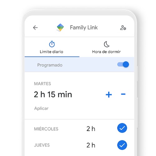 Un teléfono en el que se muestra cómo puedes establecer límites de tiempo diarios para un dispositivo con la aplicación Family Link