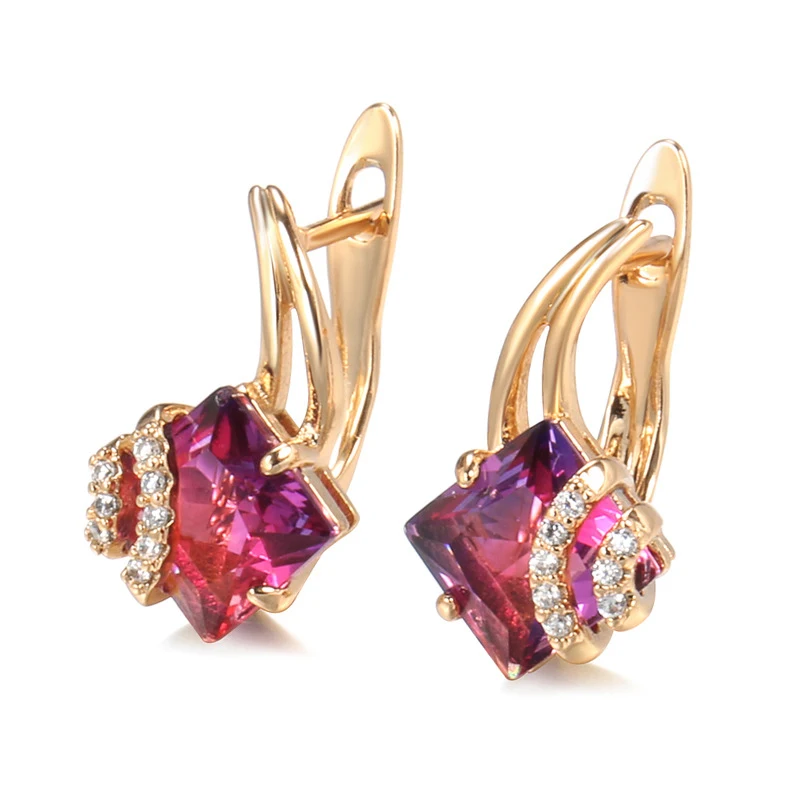 Boucles d'oreilles carrées en or rose, cristal rouge et diamant, créatives et populaires pour femmes, vente en gros d'usine.