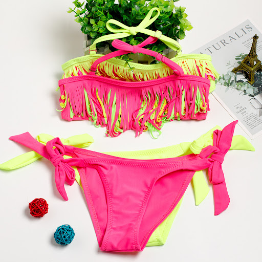 Title 5, Girls swimsuit tassel split bikini suit. A sty...