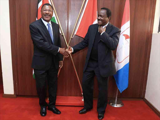 Wiper leader Kalonzo Musyoka and Ford Kenya's Moses Wetang'ula during their meeting at Wiper headquarters in Nairobi, July 31, 2018. /COURTESY