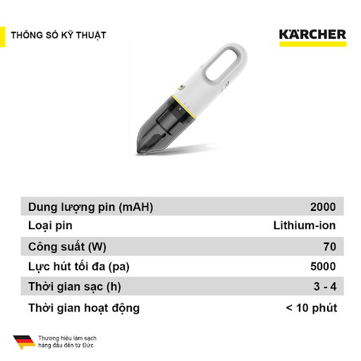 Máy hút bụi cầm tay 1100W KARCHER VCH 2, máy hút bụi dùng pin lithium, bộ lọc HEPA 12 lọc sạch bụi mịn diệt khuẩn 99,99%