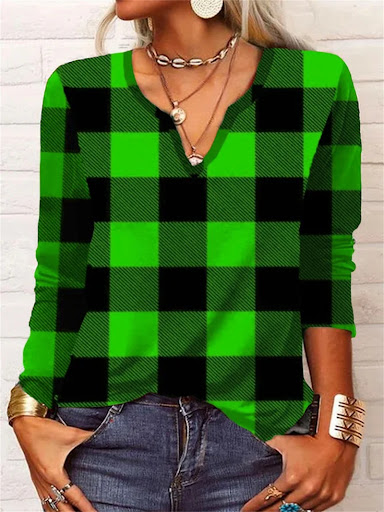 Title 4, Plaid & Printed Top V-neck Loose Long Sleeve Sh...