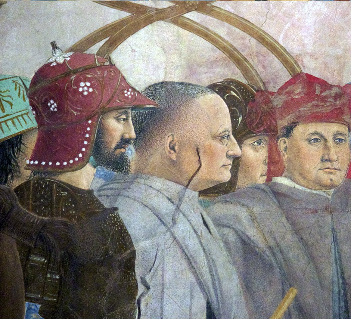 Piero della Francesca, Le Storie della Vera Croce, Battaglia di Eraclio e Cosroè, (nel gruppo intorno a lui si ravvisano i ritratti di famiglia dei Bacci, committenti del ciclo)