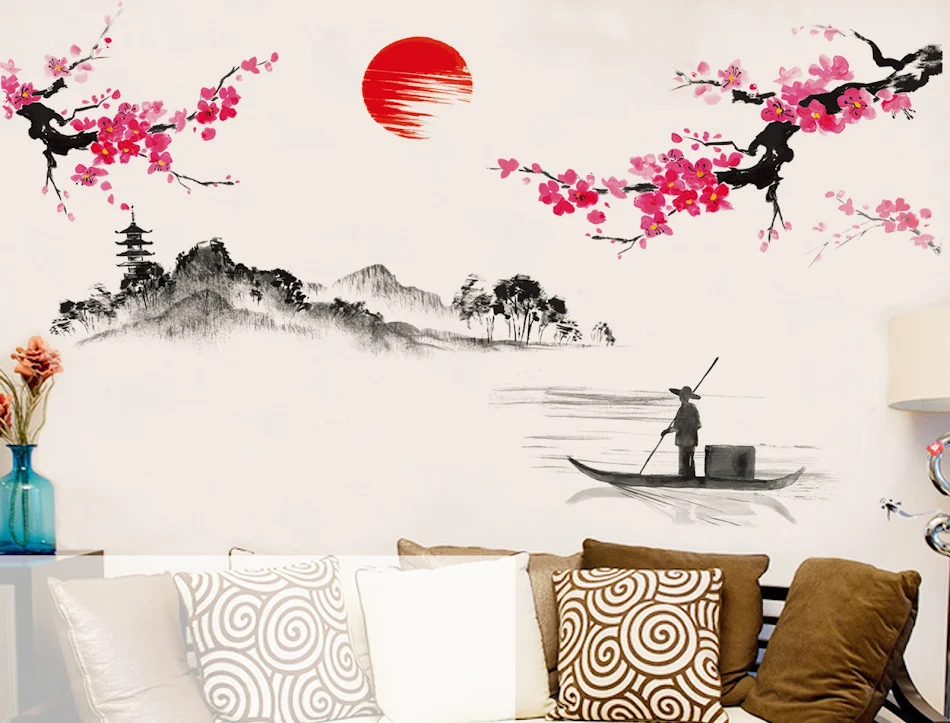 Adesivos de parede JM7303 DIY criativos, estilo chinês, pintura de paisagem, proteção ambiental, papel de parede, atacado