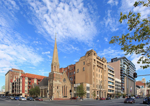 Australia-Adelaide-neighborhood - 
    
 
The corner of North Terrace and Pulteney Street, looking southwest from Bonython Hall in Adelaide, Australia. 