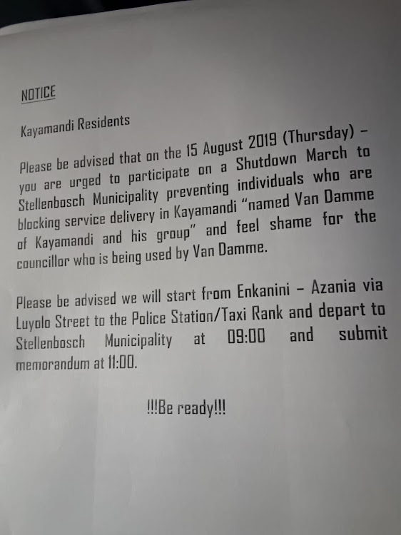 The notice for the protest that Madisi Wanana helped to organise on August 15 2019.