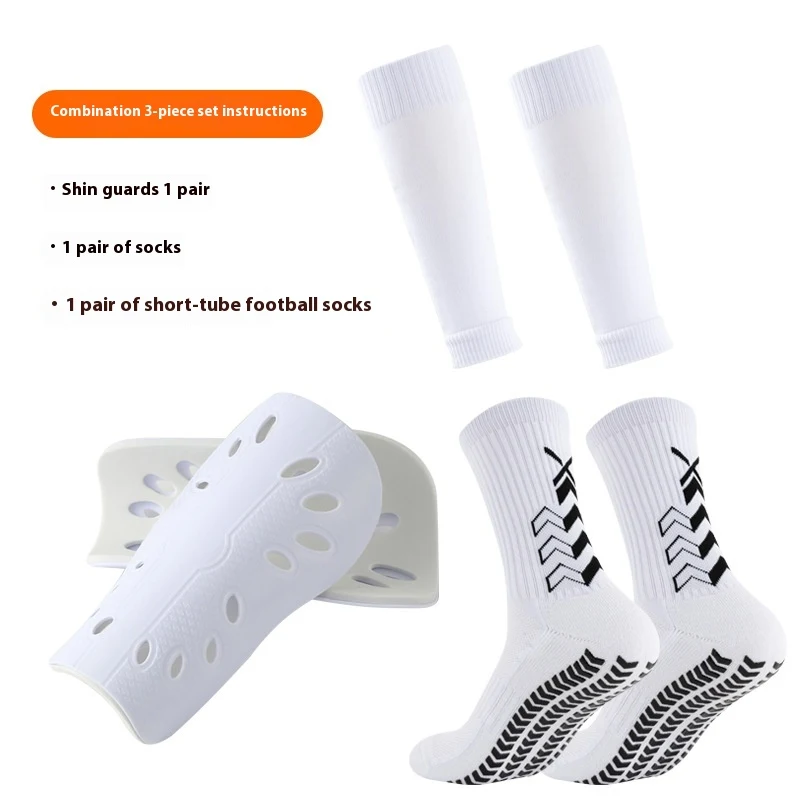 Espinilleras de fútbol largas hasta la rodilla con calcetines antideslizantes y dispensador de pegamento para protección superior.