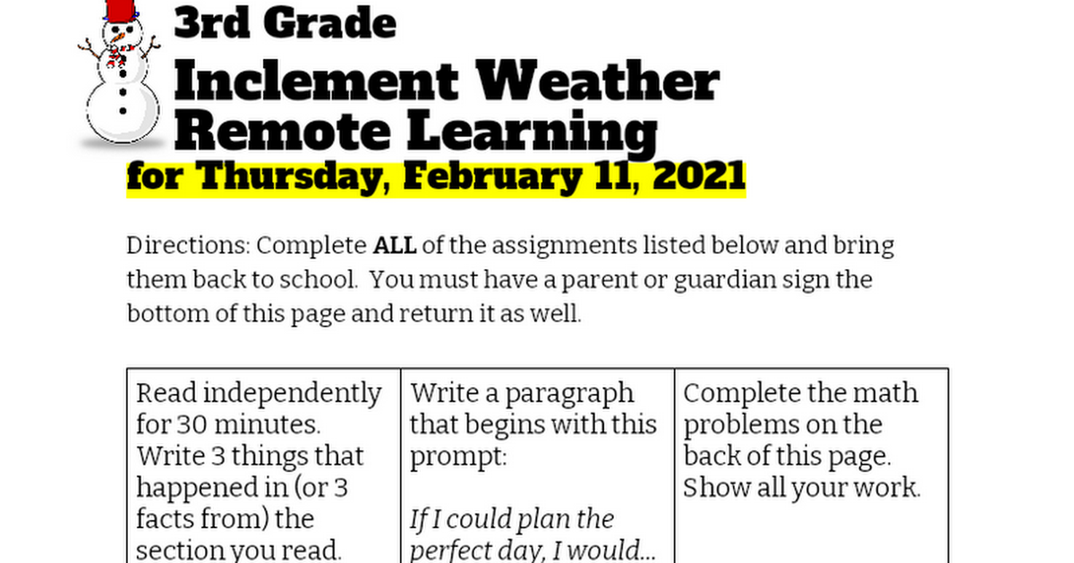 3rd Grade Inclement Weather Remote Learning 2_11_21