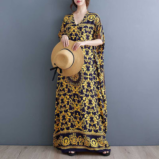 Title 11, Summer Plus Size Loose Floral Bohemian V-neck D...