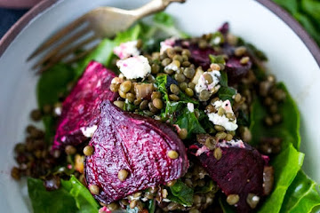 Warm Lentils with Wilted Chard, Roasted Beets and Goat Cheese