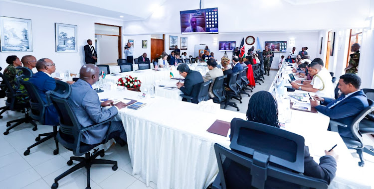 Defence CS Aden Duale and with representatives of various ministries, departments and agencies during the first Plenary Session of the Contact Group on Illicit Maritime Activities (CGIMA) in Karen, Nairobi on May 24,2023.