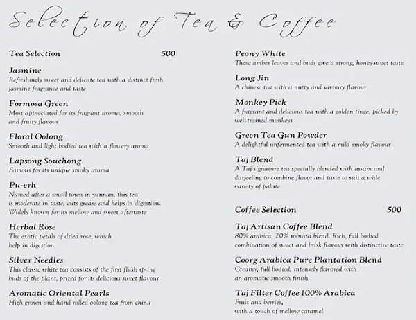 House of Ming - The Taj Mahal Hotel menu 