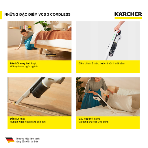 Máy hút bụi cầm tay Karcher VCS 3 Cordless, Máy hút bụi dùng pin 18V Lithium-ion, có độ ồn thấp