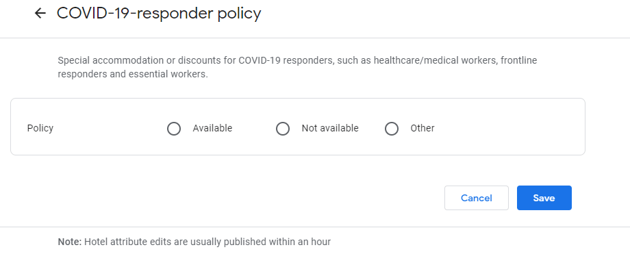 New tag for Hotels on Google: COVID-19-Responder Policy