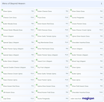 Beyond Heaven menu 