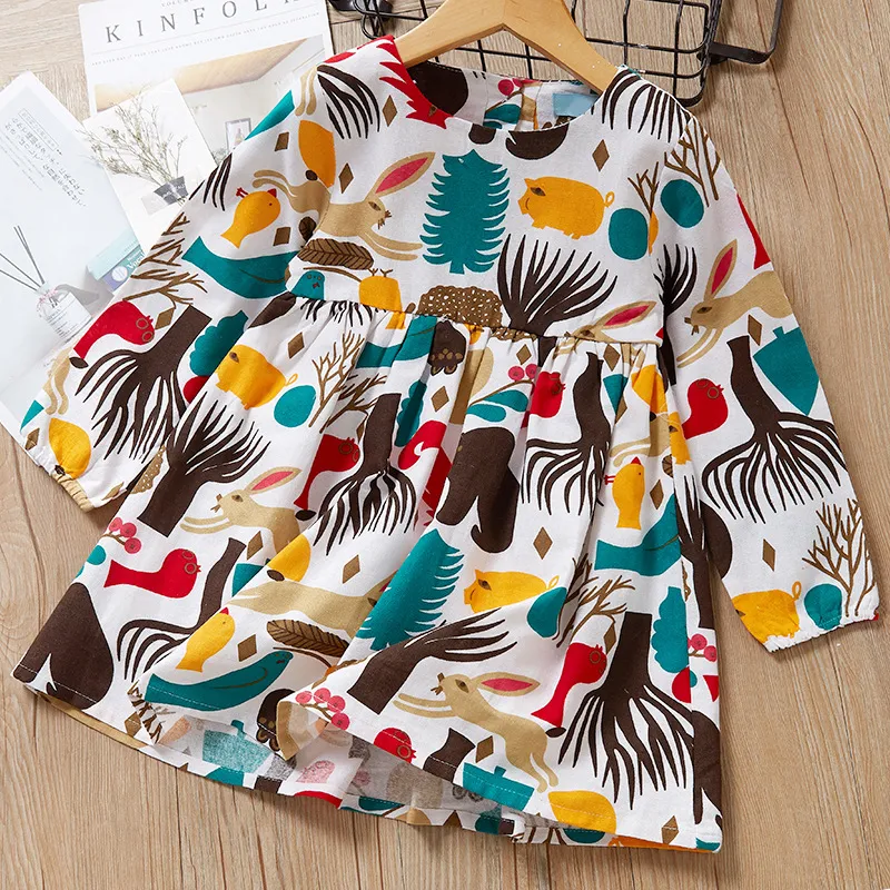 Bosdieren katoen linnen meisjes lange mouw poppenjurk kinderkleding, comfortabel en schattig ontwerp, ideaal voor dagelijks gebruik en speciale gelegenheden.