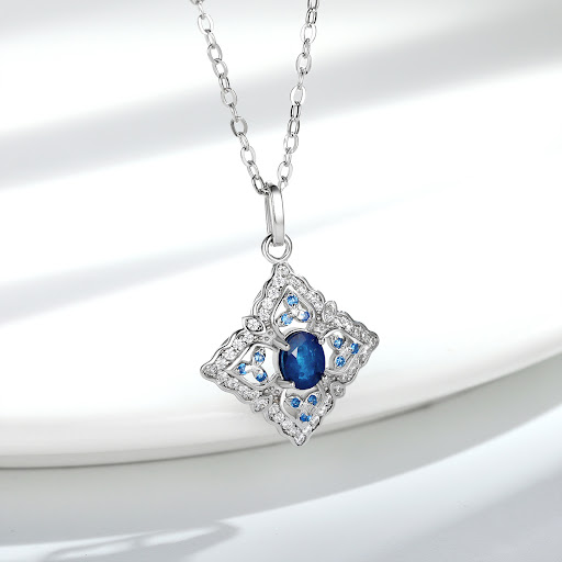 Title 3, S925 Silver Inlaid Natural Sapphire Necklace, H...