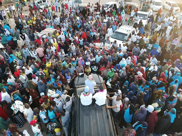 Supporters of Wajir Governor Mohamed Abdi and his running mate Abdifatah Diriye in Wajir town on Tuesday, June 14.