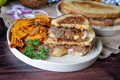 Inside of the Pulled Pork and Apple Grilled Cheese Sandwich.