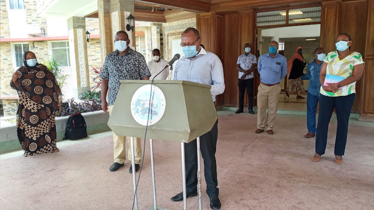 Kwale county commissioner Karuku Ngumo and Governor Salim Mvurya address the media at Kwale headquarters in Matuga subcounty on Thursday, November 12, 2020