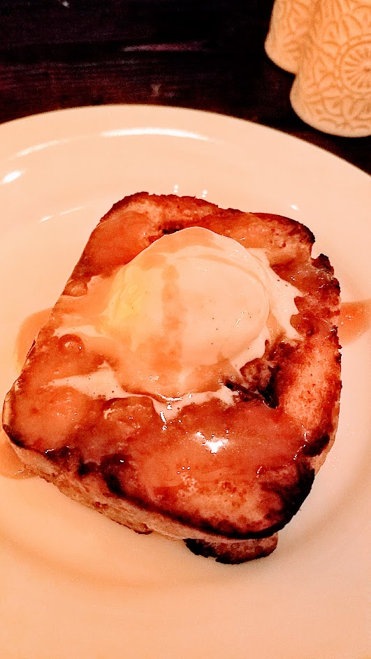 Verdigris Dinner, dessert of Banana Bread Pudding with housemade caramel sauce and housemade caramel ice cream.