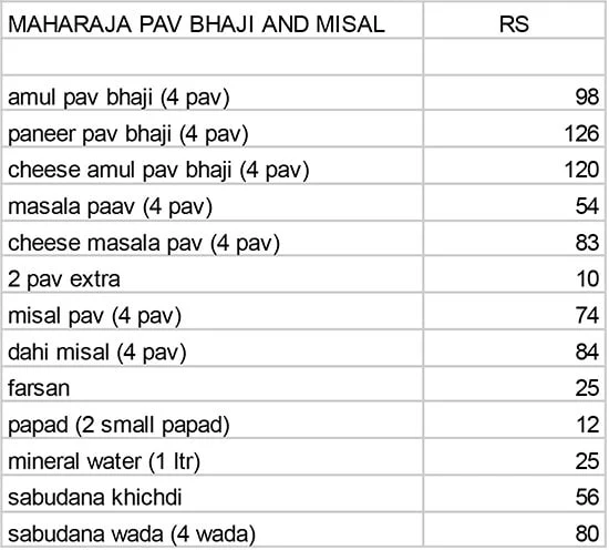 Maharaja Pav Bhaji And Misal menu 