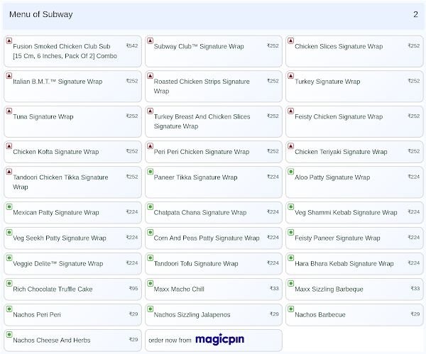 Subway menu 