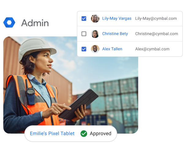 A woman on a tablet in a shipping yard, superimposed with Admin UI elements suggesting she is managing employee email access across devices.