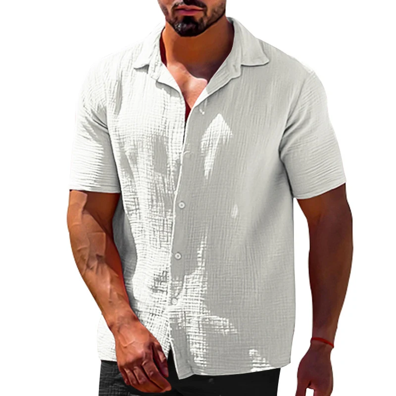 Camisa de lino para hombre con cuello polo, manga corta y botones. Frescura y estilo en colores sólidos para verano.