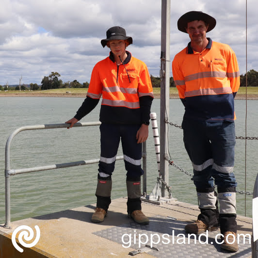 Bairnsdale Secondary College student and East Gippsland Water trainee Josh Ward and Operations and Maintenance Officer Tim Irish at the Metung Wastewater Treatment Plant