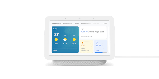 Nest Hub (2nd gen) in Chalk colour. The Nest Hub display is showing important info: today's weather forecast, a note for a family member, a timer.