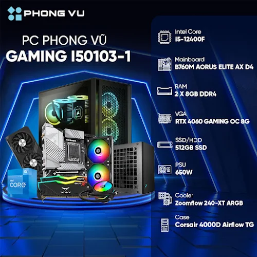 Máy tính để bàn/PC Phong Vũ Gaming I50103-1 (Intel Core i5-12400F/2x8GB/512GB SSD/Nvidia GeForce RTX 4060/Free DOS)