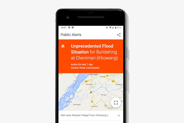 La interfaz de Google muestra una alerta de inundación en la India.