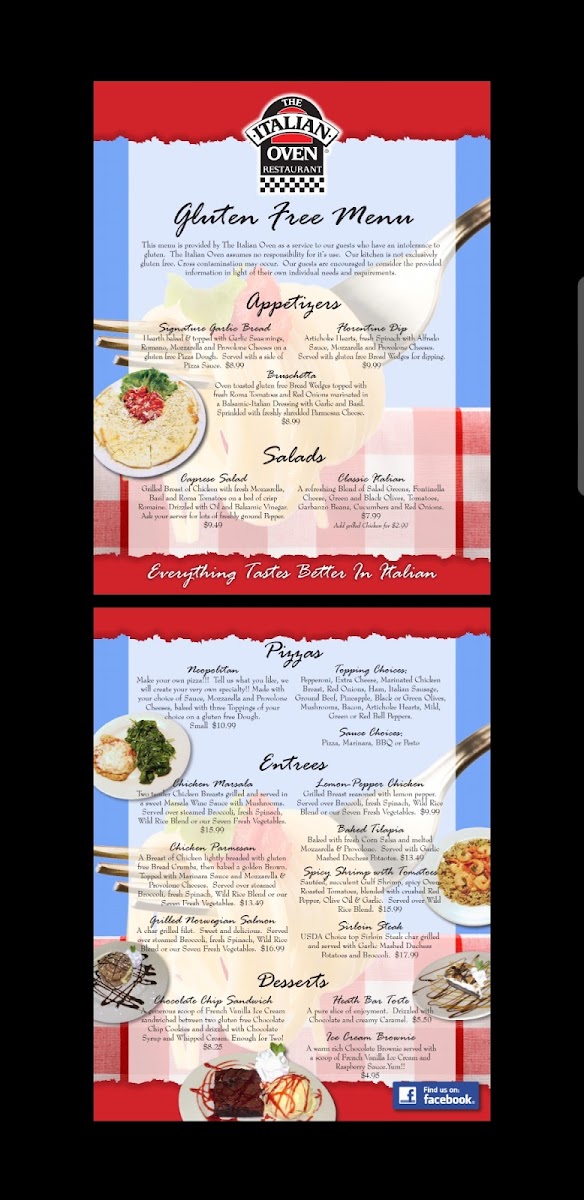 Italian Oven gluten-free menu