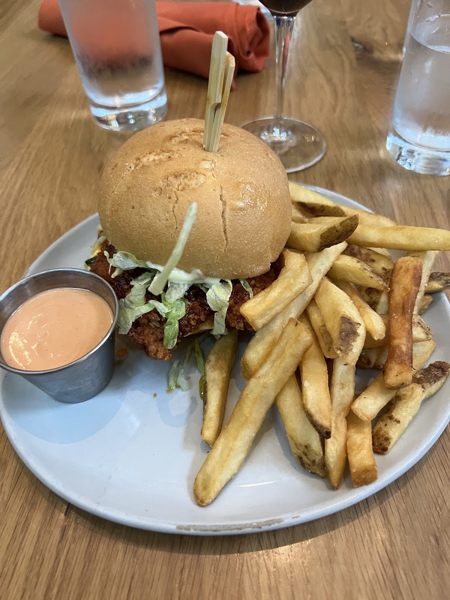 Fried chicken sandwich with fries