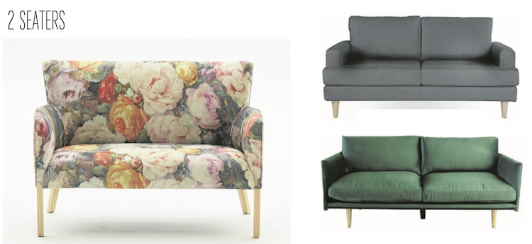 Clockwise from left: • Arabella low back two-seater R10,036 woodbender.co.za • Kensington two-seater R5,500 mrpricehome.com • Gabriella sofa R7,995 blockandchisel.co.za.