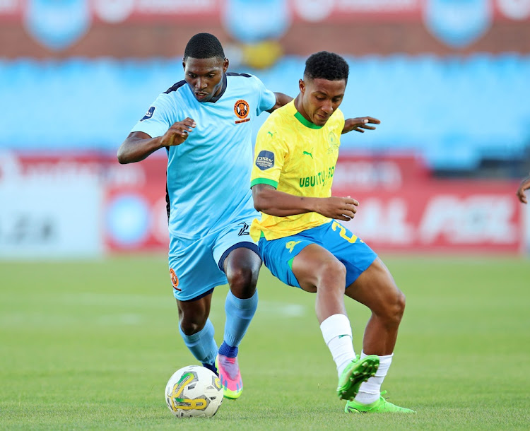 Manuel Kambala of Polokwane City and Lucas Rebeiro Costa of Mamelodi Sundowns in a tussle for the ball during their DStv Premiership match at Loftus Stadium.