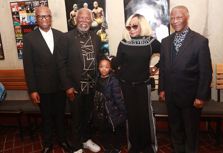 Minister of sports, arts and culture, Zizi Kodwa, Dr John Kani, his wife Mandy, one of their grandchildren Alicia Kani and former president Thabo Mbeki at the Market Theatre in Newtown.