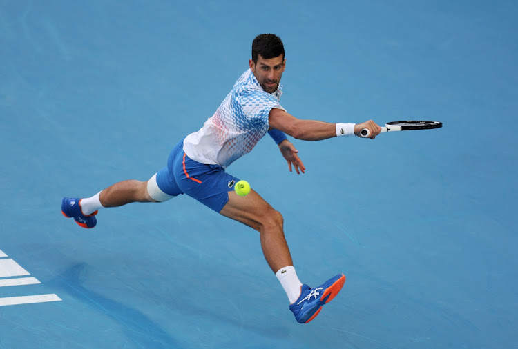 Serbia’s Novak Djokovic in action during his quarterfinal match against Russia’s Andrey Rublev at the Australian Open at Melbourne Park on January 25 2023.