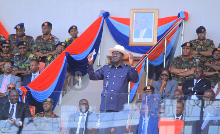 Opposition leader Raila Odinga during the memorial service of late General Francis Ogolla at Ulinzi sports complex on April 20, 2024.