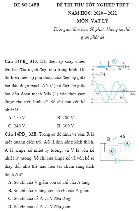 Câu 14PB_ 313. Đặt điện áp xoay chiều lên hai đầu mạch điện như trong hình. Đồ thị biểu diễn sự phụ thuộc của điện áp giữa hai đầu đoạn mạch AN (1) và điện áp giữa hai đầu đoạn mạch MB (2) vào thời gian được cho trên hình vẽ. Số chỉ của vôn kế nhiệt là