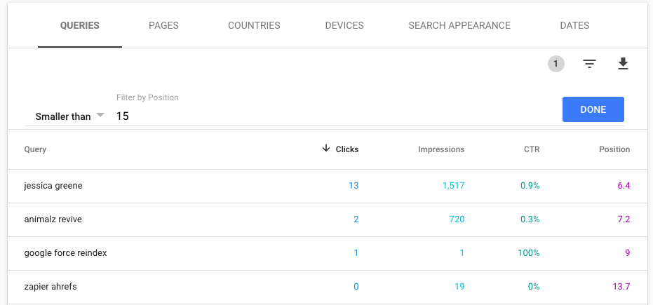 filter by position in google search console