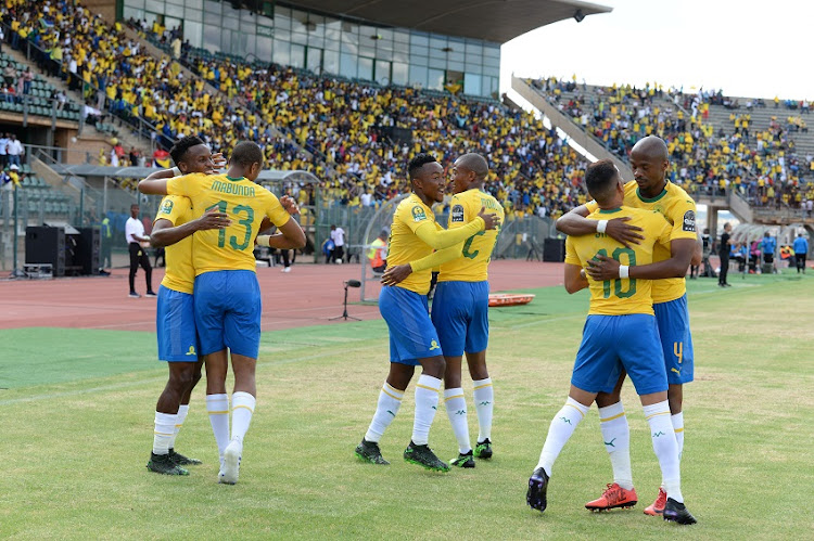 General view of Mamelodi Sundowns players celebrates during the CAF Champions League match between Mamelodi Sundowns and Al Ahly at Lucas Moripe Stadium on April 06, 2019 in Pretoria, South Africa.