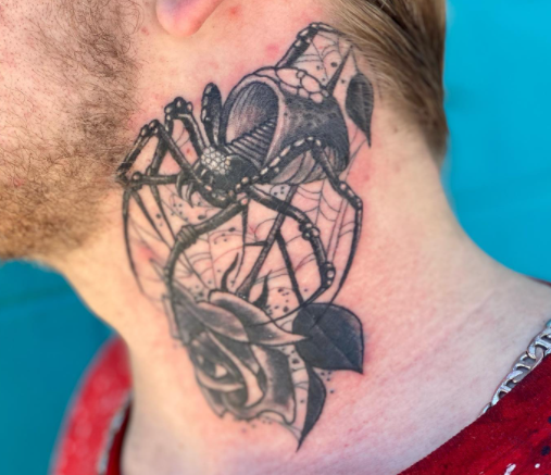 Spider With Rose Neck Tattoo